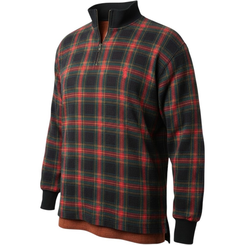 Polo Sport Ralph Lauren Mens Large Plaid Quarter Zip Pullover Cotton Tartan Red